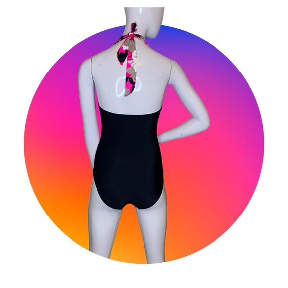 Aqua Green One Piece Swimsuit Padded Floral Pink Print Black bottom Small Halter - Picture 4 of 13